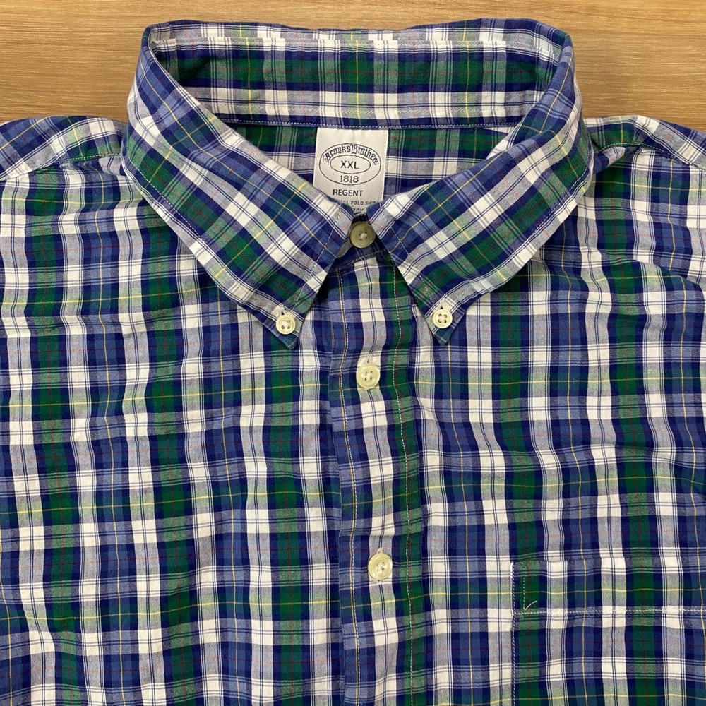 Brooks Brothers Shirt XXL Regent Plaid Cotton Button Down Blue Green White